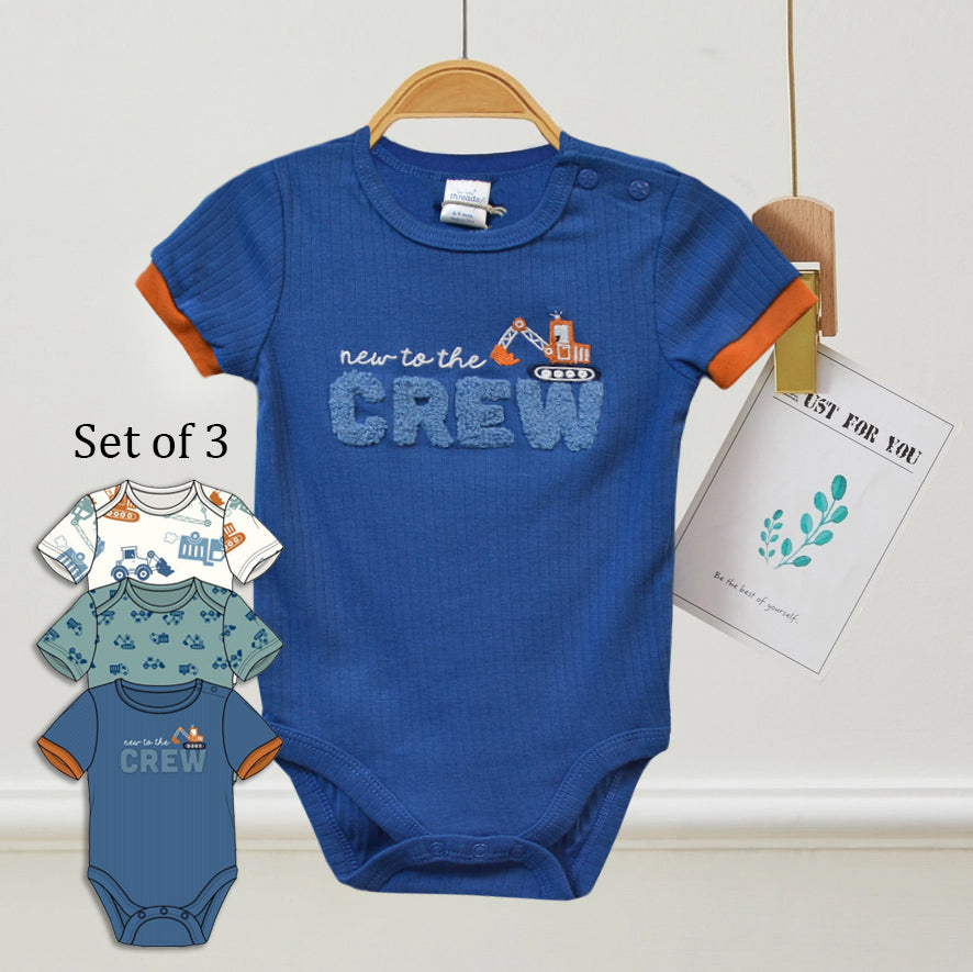 Pack of 3 100% Cotton Excavator Chenille Embroidery Bodysuit