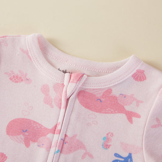Pink Whales Pattern Zipper Footie Pajamas Romper