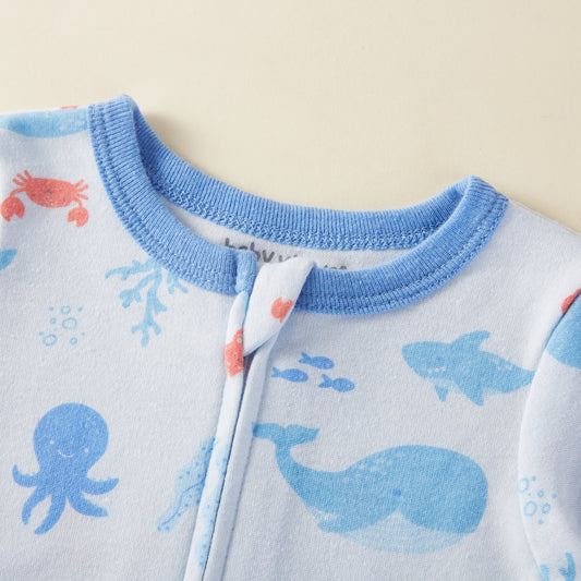 Whale & Sea World Print Zipper Footie Pajamas Romper