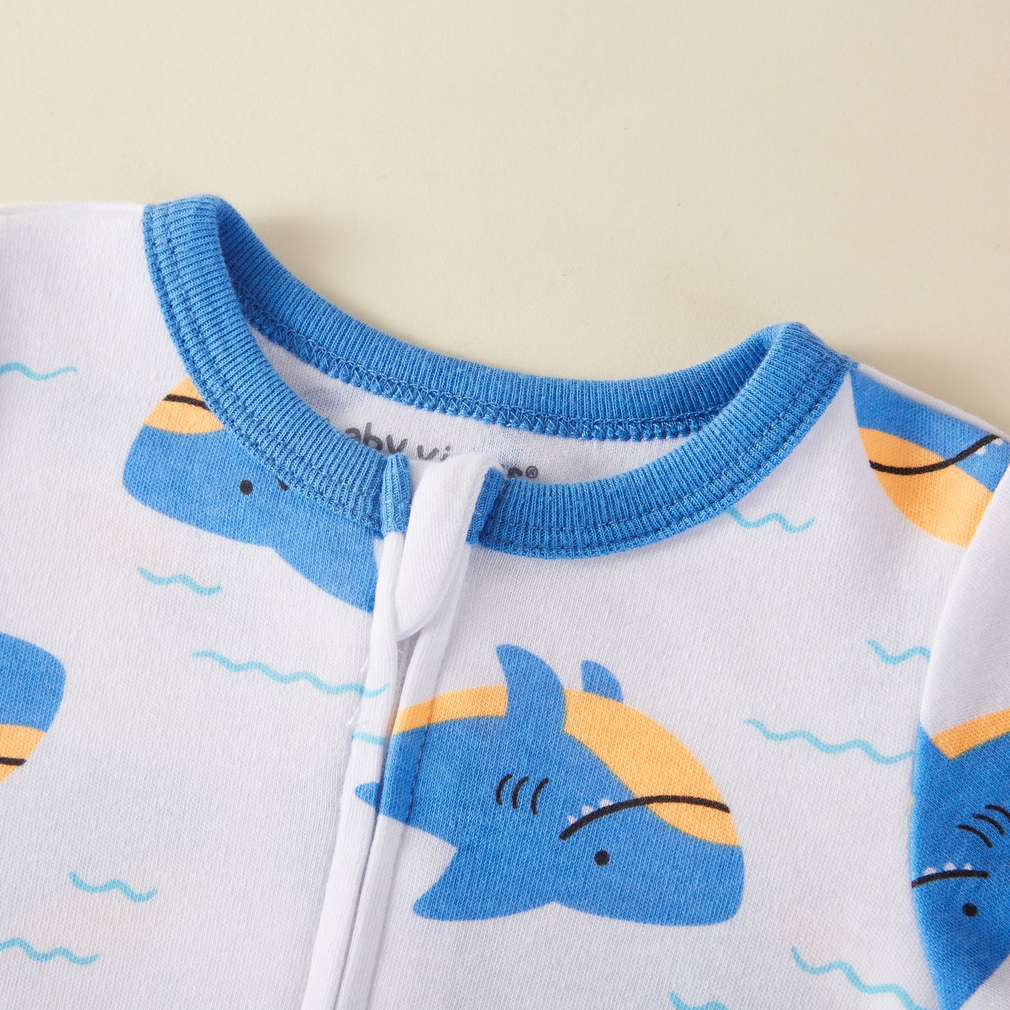 Shark & Waves Pattern Zipper Footie Pajamas Romper