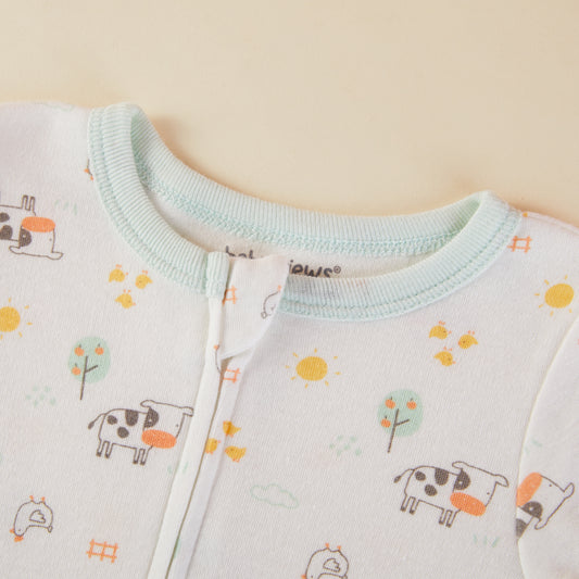 Cow & Farm Pattern Zipper Footie Pajamas Romper
