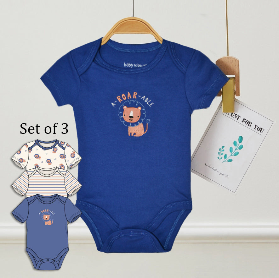 Pack of 3 Baby Roar Lion Embroidery Pattern Bodysuits