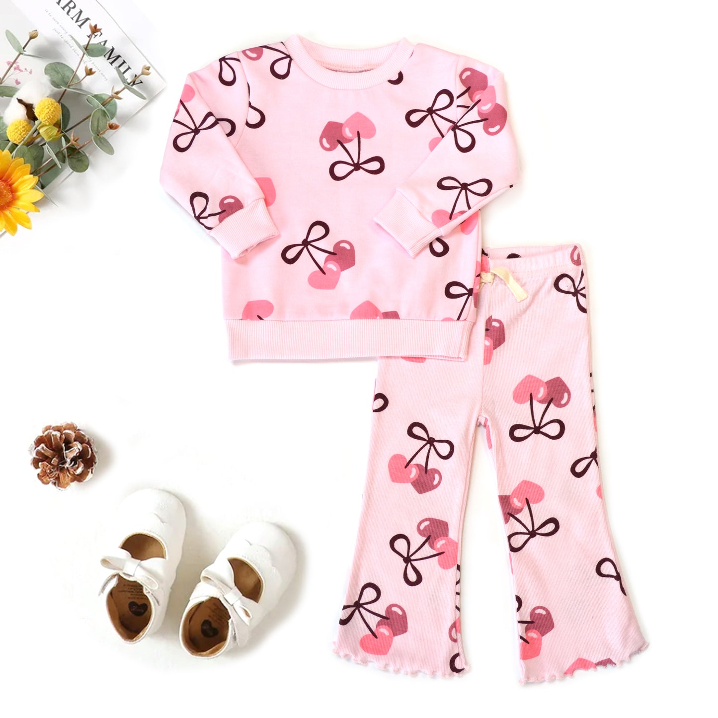 Brushed Back Jersey Cherry Sweatshirt Ribbed Flare Leggings