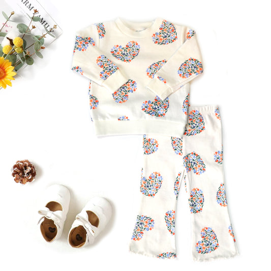 Brushed Back Jersey Heart Sweatshirt Ribbed Flare Leggings