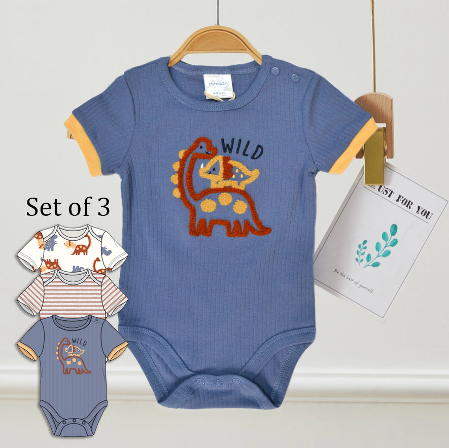 Pack of 3 100% Cotton Dinosaur Chenille Embroidery Bodysuits