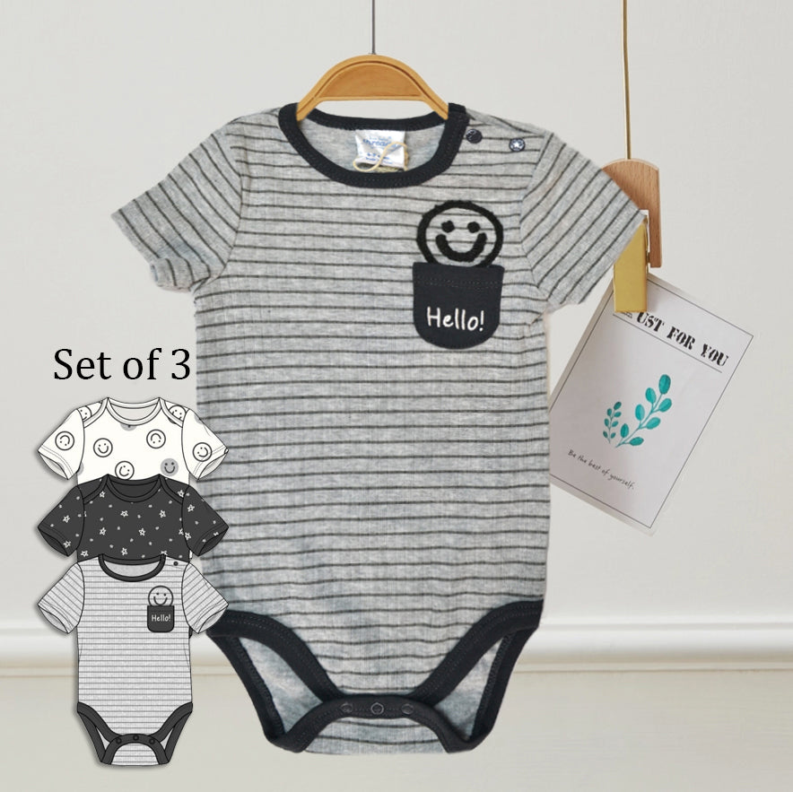 Pack of 3 100% Cotton Smile Hello Embroidery Bodysuits