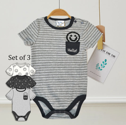 Pack of 3 100% Cotton Smile Hello Embroidery Bodysuits