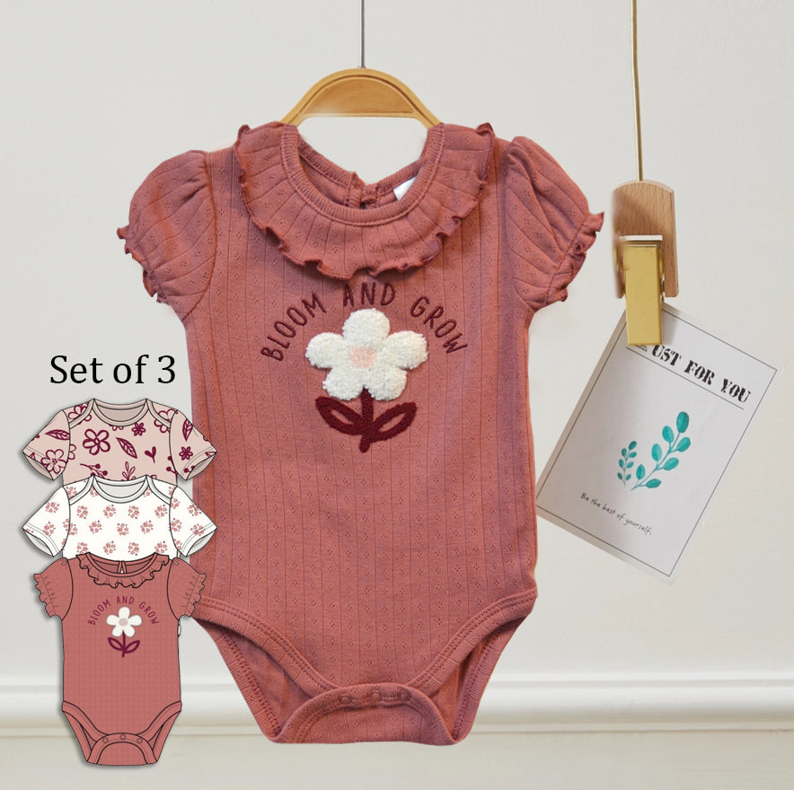 Set of 3 100% Cotton Floral Chenille Embroidery Bodysuits