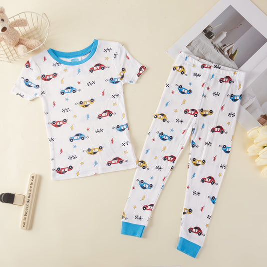 Racing Cars Bamboo Short Sleeve Kids Pajama Pants Set