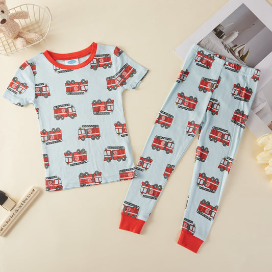 Fire Engine Bamboo Short Sleeve Kids Pajama Pants Set