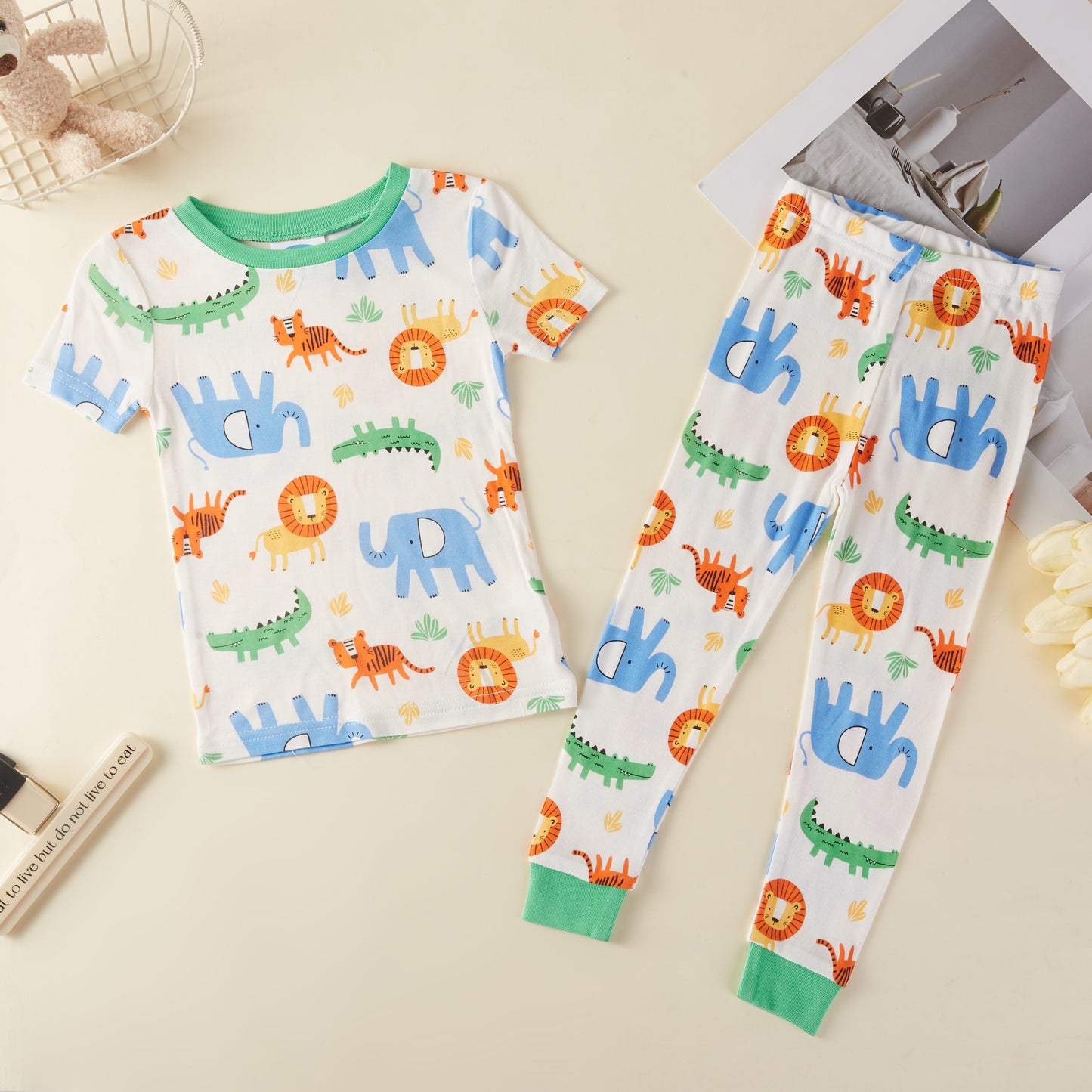 Safari Animals Bamboo Short Sleeve Kids Pajama Pants Set