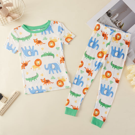 Safari Animals Bamboo Short Sleeve Kids Pajama Pants Set