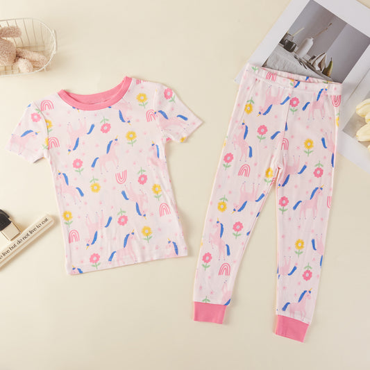 Unicorn & Flower Bamboo Short Sleeve Kids Pajama Pants Set