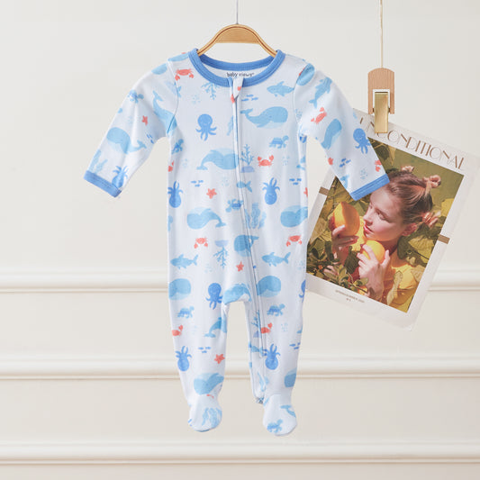 Whale & Sea World Print Zipper Footie Pajamas Romper
