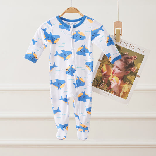 Shark & Waves Pattern Zipper Footie Pajamas Romper