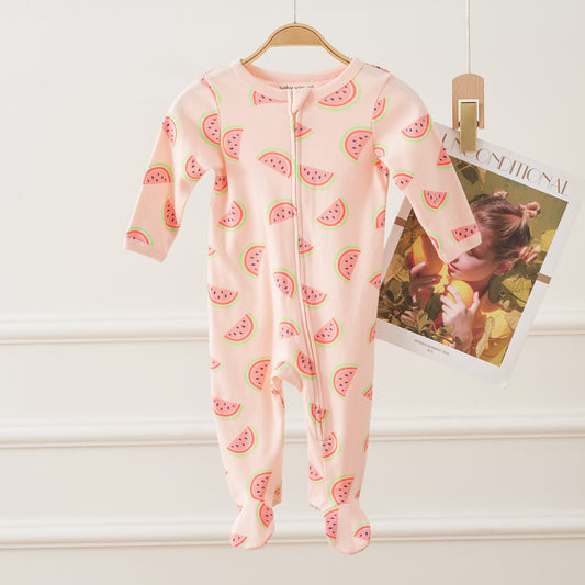 Watermelon Pattern Zipper Footie Pajamas Romper