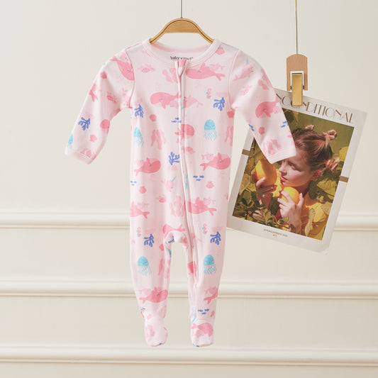 Pink Whales Pattern Zipper Footie Pajamas Romper