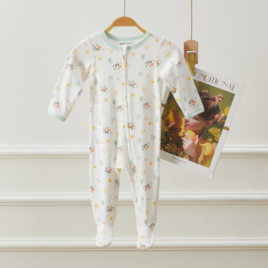Cow & Farm Pattern Zipper Footie Pajamas Romper