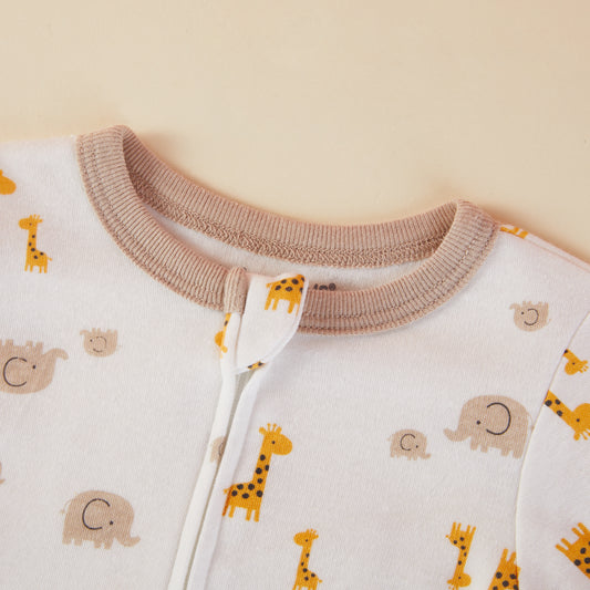 Elephant & Giraffe Pattern Zipper Footie Pajamas Romper