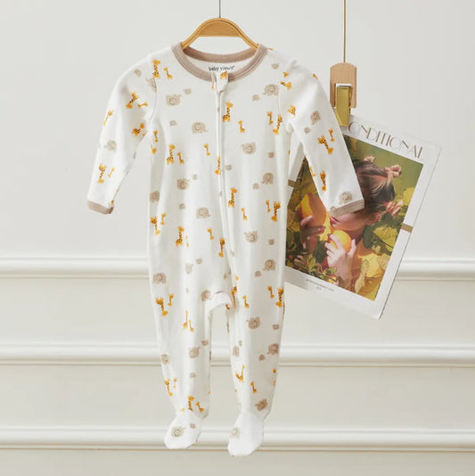 Elephant & Giraffe Pattern Zipper Footie Pajamas Romper