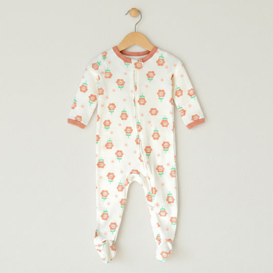 Daisy Flowers Pattern Zipper Footie Pajamas Romper
