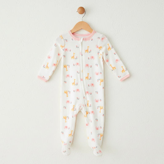 Giraffe & Flower Pattern Zipper Footie Pajamas Romper