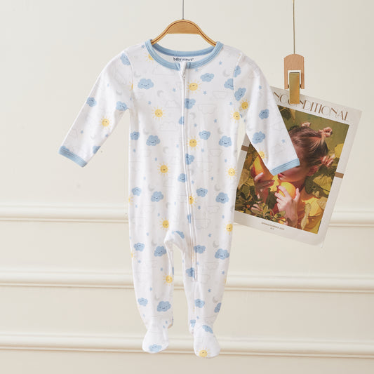 Cloud & Sun Pattern Zipper Footie Pajamas Romper