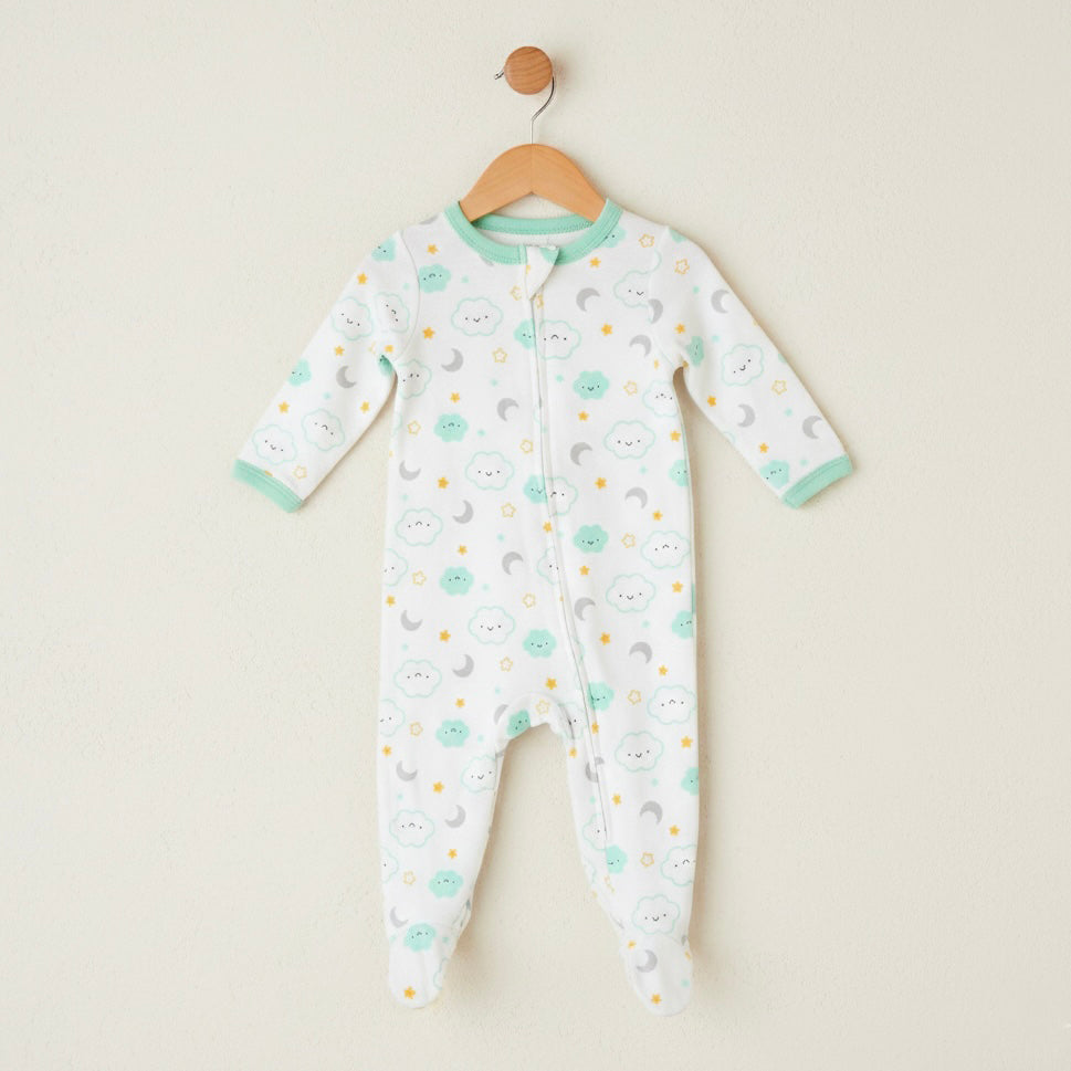 Cloud Sun Star Moon Pattern Zipper Footie Pajamas Romper