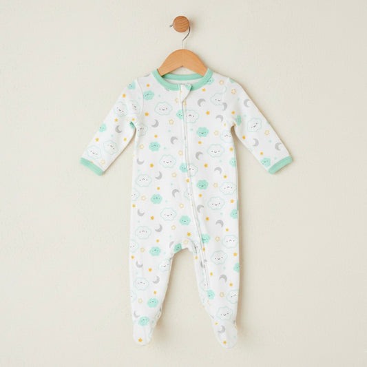 Cloud Sun Star Moon Pattern Zipper Footie Pajamas Romper