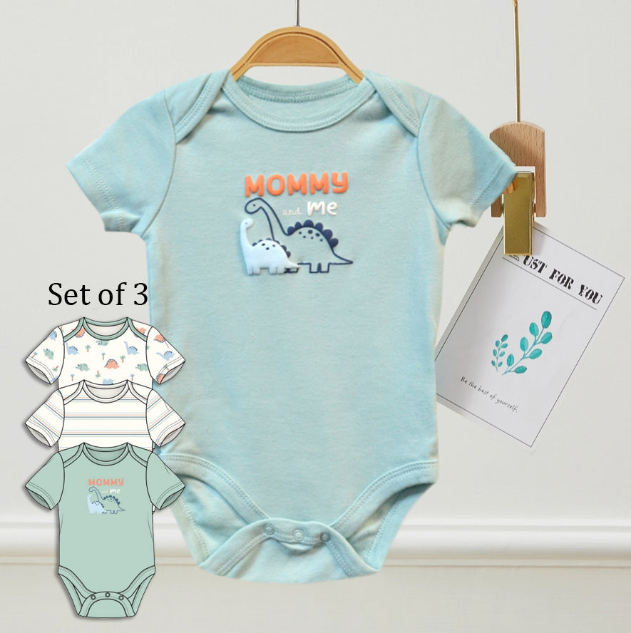 Pack of 3 Baby Dinosaur Puffy Print Pattern Bodysuits