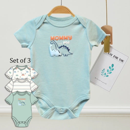 Pack of 3 Baby Dinosaur Puffy Print Pattern Bodysuits