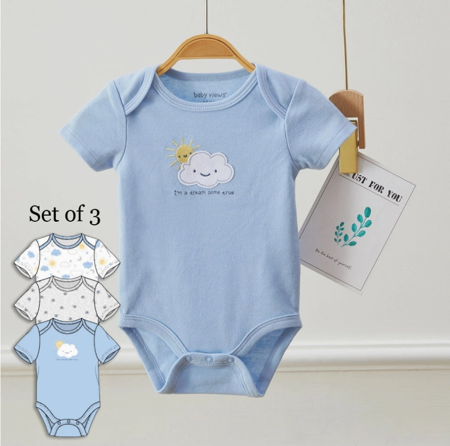 Pack of 3 Baby Boys Cloud & Sun Pattern Bodysuits