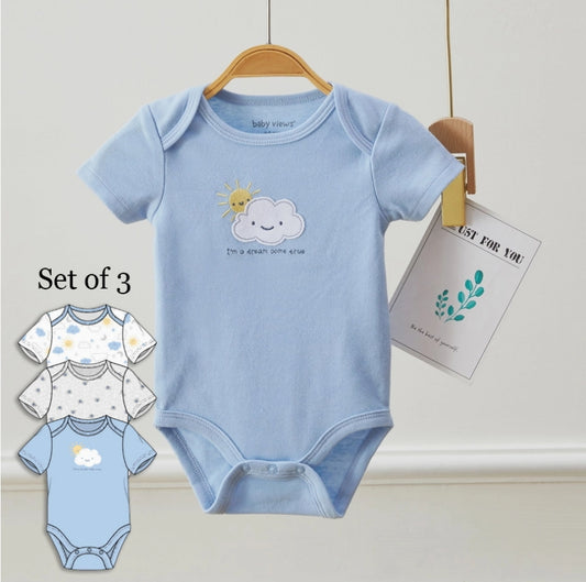 Pack of 3 Baby Boys Cloud & Sun Pattern Bodysuits